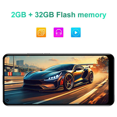 Unlocked 3G Android Smartphone Comes With Dual Sim And A Crisp 6.35 Inch Hd Display showing 2GB + 32GB Flash memory and racing car image.