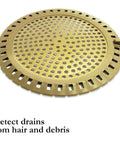 Gold Stainless Steel Shower Drain Catcher With Soft Silicone Edge Flat Round Tub Strainer on a white background, 4.75in diameter.