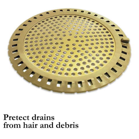 Gold Stainless Steel Shower Drain Catcher With Soft Silicone Edge Flat Round Tub Strainer on a white background, 4.75in diameter.