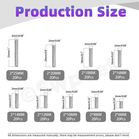 Boss Level 304 Stainless Steel Dowel Pin Assortment Featuring 180 Pieces Across Nine Sizes with size details on the diagram.