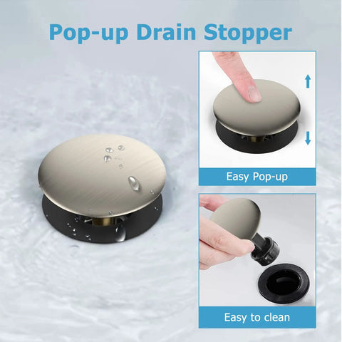 Widespread 8 Inch Brushed Nickel Bathroom Faucet Dope Pop Up Drain, close-up of pop-up drain stopper, easy to clean and use.