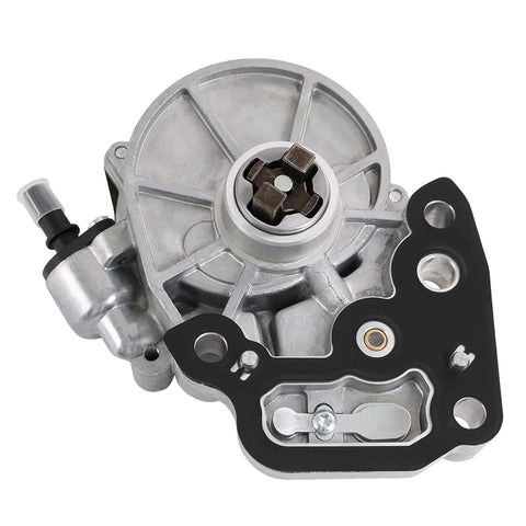 Brake vacuum pump with gasket; silver aluminum housing and black gasket plate, front view