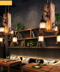 Industrial Vintage Wooden Hanging Pendant Light With Four Lantern Bulbs, Dope Rustic Loft Chandelier over dining table