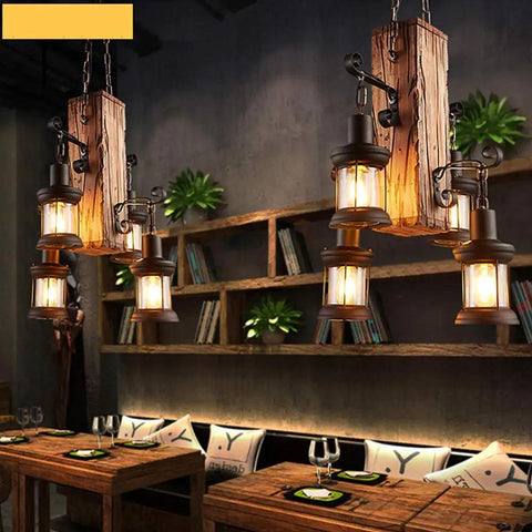 Industrial Vintage Wooden Hanging Pendant Light With Four Lantern Bulbs, Dope Rustic Loft Chandelier over dining table