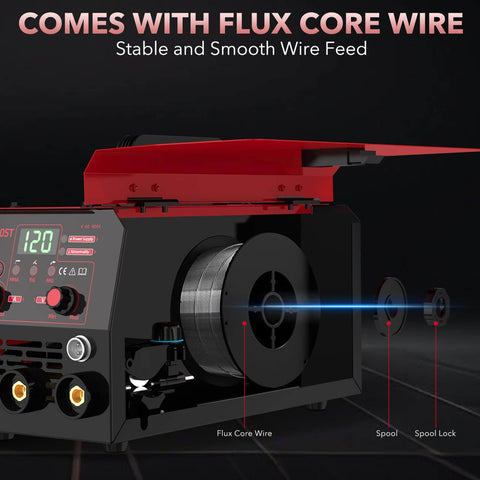Pro Grade 120 Amp MIG Welder Combo 3 In 1 Gasless Flux Core MIG Lift TIG And Stick Welder with flux core wire feed system visible