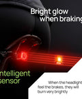 Rear view of bike with Front And Back Bike Light Kit R15 USB C Rechargeable Auto Brake Sensing 500 Lumen Waterproof Tail Light glowing red