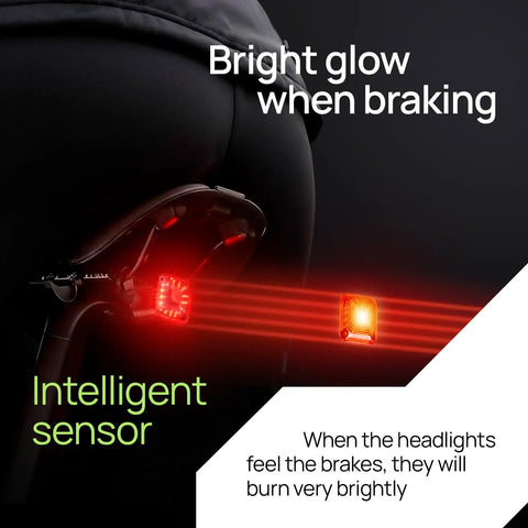 Rear view of bike with Front And Back Bike Light Kit R15 USB C Rechargeable Auto Brake Sensing 500 Lumen Waterproof Tail Light glowing red