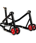 Front Headlift Stand for Motorcycle With Triple Tree Pins Front Wheel Lift Stand Four Wheels for Stability Adjustable Pins