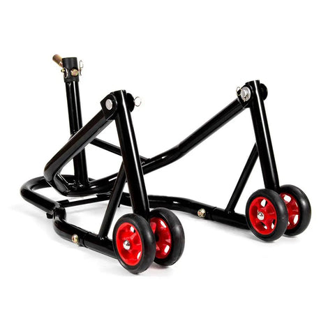 Front Headlift Stand for Motorcycle With Triple Tree Pins Front Wheel Lift Stand Four Wheels for Stability Adjustable Pins