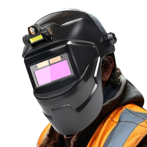 Welder wearing Auto Darkening Welding Hood With True Color Viewing System And Large Window for metalworking safety