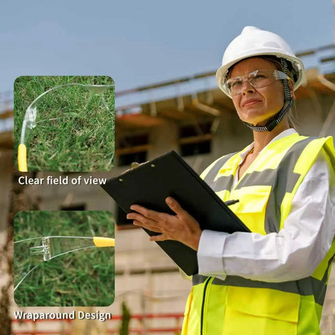 Anti Fog Safety Glasses Bulk For Men With ANSI Z87.1 Certification on construction site, wraparound design inset