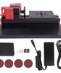 Fesjoy Mini Sanding Lathe Polishing Tool 24W Woodworking Machine for Metal Plastic And DIY Crafts High Speed 20000Rpm on bench with accessories.