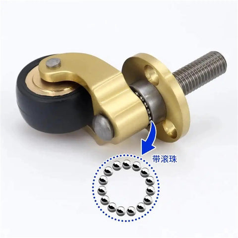 4PCS Vintage Solid Brass Casters - 1 Inch Threaded Stem Silent Swivel Wheels for Sofa/Chair/Furniture close-up of brass caster with black wheel.