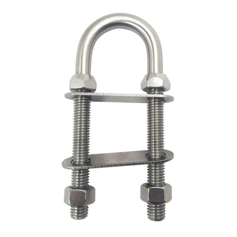 Front view of stainless steel 316 marine U-bolt with mounting plates; M12 thread, 2 in width, 5-1/2 in length