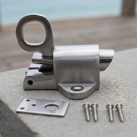 Heavy Duty Stainless Steel Trailer Gate Spring Latch With Tongue Down Design For Secure Truck And RV Fastening Rock Solid Top Shelf Gate Keeper Hardware Built Tough with screws and mounting plate