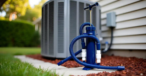 Hand Operated AC Condensate Pump No Electricity For Easy Drain Cleaning Heavy Duty PVC beside outdoor HVAC unit