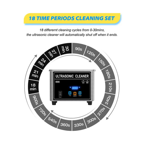 Hualuck 800ml Ultrasonic Cleaner With Heater And Timer, showing time settings for 18 cleaning periods from 0-30 minutes.
