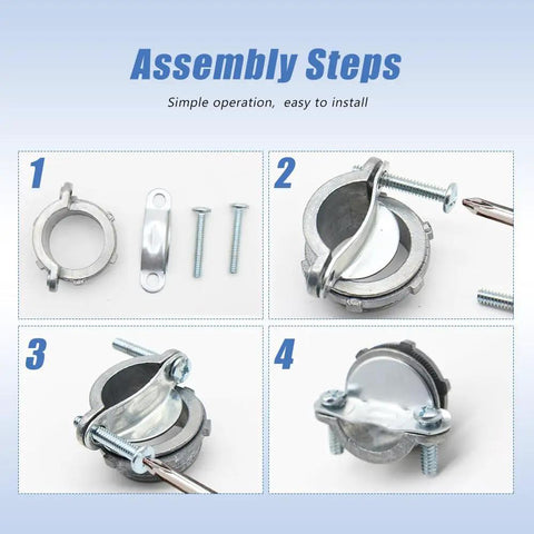20 Piece Multi Size Connector Kit For Electrical Cables Includes One Half Inch Three Quarter Inch And One Inch Clamp Type Connectors UL Listed Zinc Alloy For Metallic Conduit Versatile For NM And SE Cable Pro Grade DIY Friendly showing assembly steps.