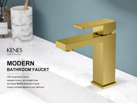 Brushed Gold Bathroom Faucet With Single Hole Lavatory Vanity, Modern Single Handle Sink Faucet Gold on countertop