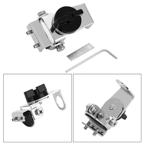 Adjustable Car Antenna Mount Clip Holder for Ham Radio Antenna Transceiver with rotatable axle and stainless steel build shown from different angles.