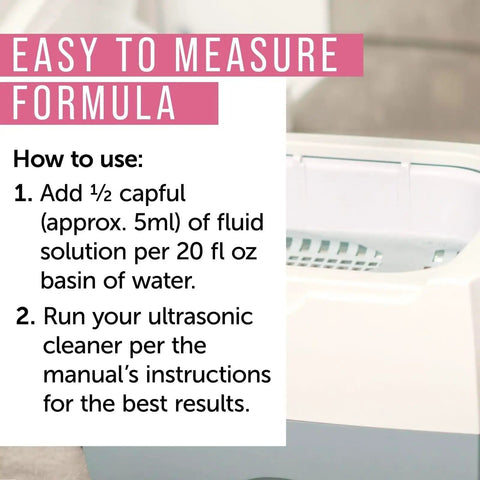 Instructions showing how to use the Ultrasonic Jewelry Cleaner Solution Pro Grade Concentrated Formula For At Home Cleaning Safe On Gold Silver And Gemstones 16 Fl Oz Pack Of 1 Gentle On Delicate Stones And Crafts Polishes Tarnish Away For Rings Necklaces Bracelets And Earrings