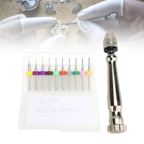 Pin Vise Hand Drill Kit With Aluminum Alloy Manual Small Drill And 10 PCB Bits Tungsten Carbide Mini Bits Lightweight Handy Compact Set