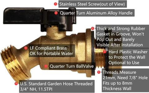 Brass Rain Barrel Spigot With Garden Hose Hookup, Solid Quarter Turn Ball Valve, Lead Free Compliant, Leak Proof, Rust Proof, Freeze Proof, Aluminum Handle, For Open Top Barrels And Rainwater Containers, side view