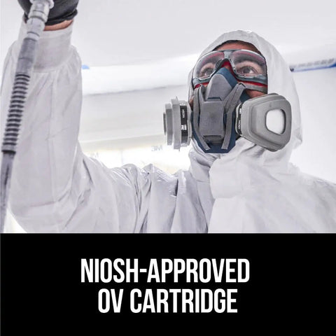 Person using Pro Grade Organic Vapor Replacement Cartridges Pair For Bayonet Mount Respirators in protective suit
