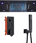 Top Shelf Led Shower System With Sixty Four Color Lighting Remote Digital Temperature Display Three Function Matte Black Rain Showerhead Wall Mounted Handheld Sprayer image showing rain panel, faucet, and handheld sprayer.