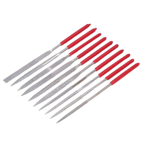 Diamond Needle File Set With Rubber Handles, 120 Grit, 10 Pcs, multiple shapes, on white background, 0.1x5.5in size