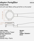 58mm Adapter Portafilter illustration showing dimensions and materials, perfect for Precision 58mm Espresso Tamper And Leveler Stainless Steel Barista Tool.