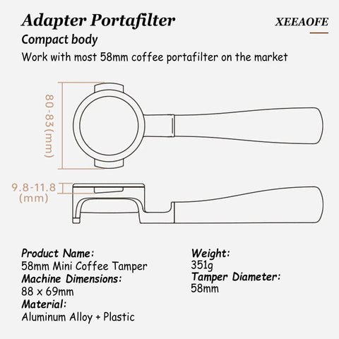 58mm Adapter Portafilter illustration showing dimensions and materials, perfect for Precision 58mm Espresso Tamper And Leveler Stainless Steel Barista Tool.