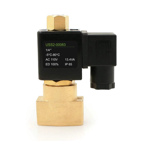 Brass Electric Solenoid Valve Quarter Inch NPT 110V AC Normally Open For Air Gas Water Non Potable Diesel Fuel Compatible, Upright View