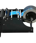 Cool Handheld Semi-Automatic Label Printer For Round Bottles And Jars Easy Manual Tape Dispenser Machine for Small Business Packaging Efficient Sticker Applicator Tool showing black metal frame and label roll.