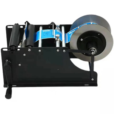 Cool Handheld Semi-Automatic Label Printer For Round Bottles And Jars Easy Manual Tape Dispenser Machine for Small Business Packaging Efficient Sticker Applicator Tool showing black metal frame and label roll.