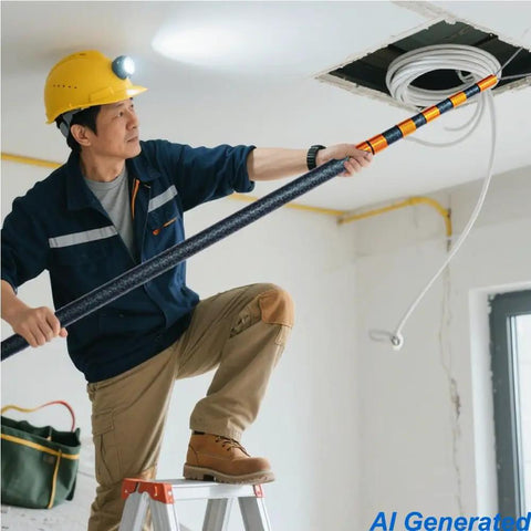 A professional using Heavy Duty 19.6ft Telescopic Cable Pulling Pole Made From High Density Carbon Fiber to pull cables.