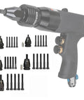 Straight Fire Top Tier Self Locking Rivet Nut Gun Replacement Mandrel Heads M4 M5 M6 M8 M10 shown with screws and tool handle.