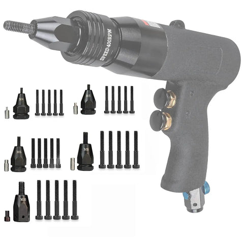 Straight Fire Top Tier Self Locking Rivet Nut Gun Replacement Mandrel Heads M4 M5 M6 M8 M10 shown with screws and tool handle.