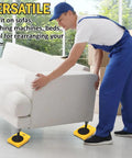 Vivicreate Heavy Duty Furniture Mover Kit With Wheels And Sliders For Moving Sofas Beds And Cabinets Includes Roller Dolly Tool To Slide Large Appliances Like Washing Machines Easy Lifter Helper In Yellow with a man using furniture sliders under a sofa.