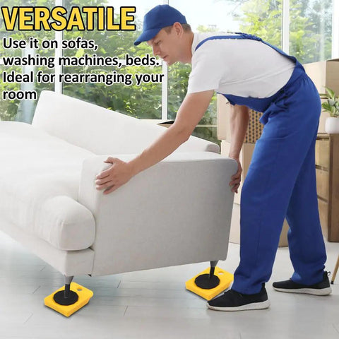 Vivicreate Heavy Duty Furniture Mover Kit With Wheels And Sliders For Moving Sofas Beds And Cabinets Includes Roller Dolly Tool To Slide Large Appliances Like Washing Machines Easy Lifter Helper In Yellow with a man using furniture sliders under a sofa.