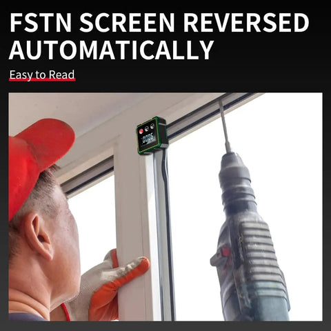 Digital Angle Finder With Laser Level And Inclinometer installed on window frame next to drill