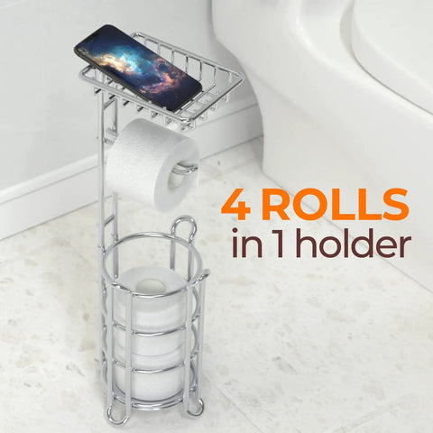 Freestanding Toilet Paper Holder With Shelf For Bathroom Storage Holds Phone Wipes And Mega Rolls In Shiny Chrome