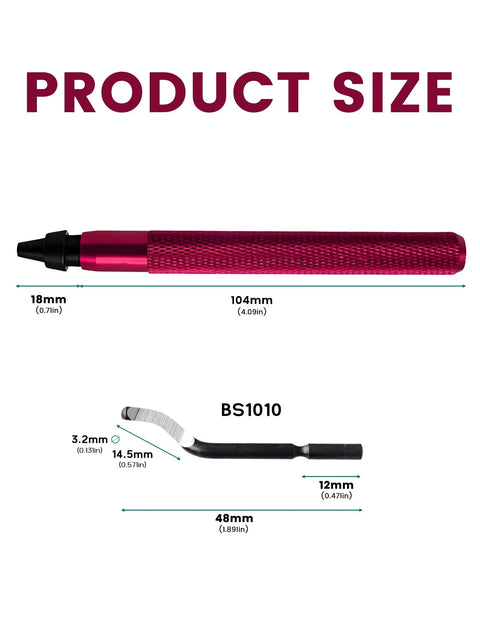 Red-handled deburring tool with knurled body and replaceable HSS blades for 3D printing; includes BS1010 curved blade.