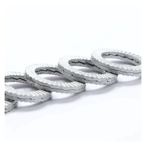 Heavy Duty Double Deck Wedge Lock Washer Featuring Cam Lock Design And Thread Bite Grip For Secure Bolting and Reliable Industrial Mechanical Systems That Stay Dead Nuts Tight, silver washers showing surface texture.