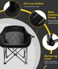 Two Pack Oversized Padded Camping Chair Heavy Duty Quad Fold Arm Chair Portable For Outdoor Use Supports Up To 500 Lbs With Diamond Quilted Cushion For Beastly Comfort Black showing details of cup holder, cellphone pocket, and leg cover.