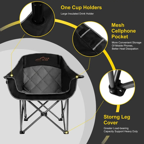 Two Pack Oversized Padded Camping Chair Heavy Duty Quad Fold Arm Chair Portable For Outdoor Use Supports Up To 500 Lbs With Diamond Quilted Cushion For Beastly Comfort Black showing details of cup holder, cellphone pocket, and leg cover.