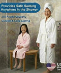 Mother and daughter with robes, daughter sitting on SnazzyCorner Waterproof Teak Shower Bench For Inside Shower Space Saving Corner Seat Stool With Curved Edge Comfort And Non Slip Grip Provides Safety Storage And Organization For Bathroom Accessories