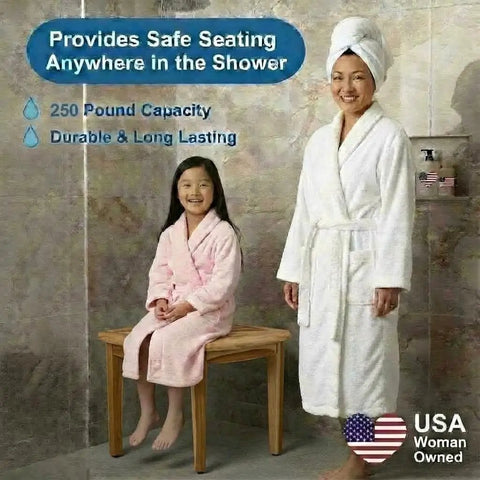 Mother and daughter with robes, daughter sitting on SnazzyCorner Waterproof Teak Shower Bench For Inside Shower Space Saving Corner Seat Stool With Curved Edge Comfort And Non Slip Grip Provides Safety Storage And Organization For Bathroom Accessories