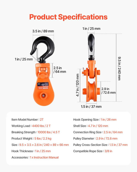 Heavy Duty Snatch Block With Swivel Hook For Towing And Recovery Two Ton Capacity Three Inch Pulley Three Eighth Inch Wire Rope Four Thousand Four Hundred Lb Working Load Ten Thousand Lb Break Strength Beefy For Tow Jobs And Off Road Recovery, orange steel