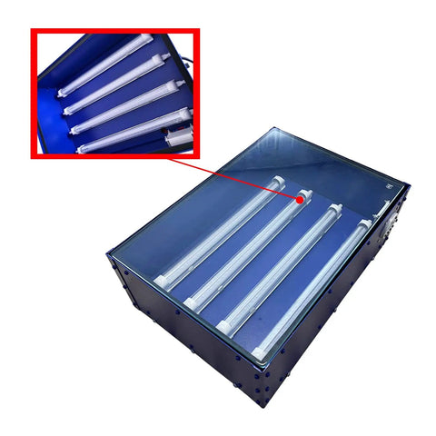 Top view of UV Exposure Unit Silk Screen Printing Light Box with 4 15W LED tubes, 18 by 12 inch exposure area, blue color, smart timer